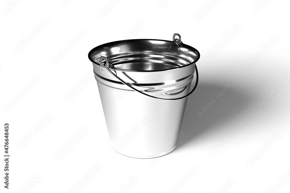 3d render illustration empty metal bucket with handle isolated on white background. Realistic new grey metal bucket icon. Classic jar. 3d render illustration empty metal bucket with handle isolated on white background. Realistic new grey metal bucket icon. Classic jar.