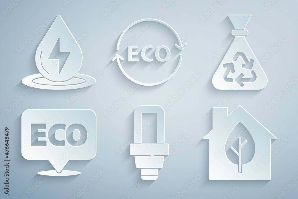 Set LED light bulb, Garbage bag with recycle, Label for eco healthy food, Eco friendly house, and Water energy icon. Vector Set LED light bulb, Garbage bag with recycle, Label for eco healthy food, Eco friendly house, and Water energy icon. Vector
