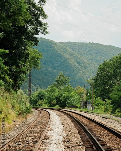 Railroad tracks and mountains in Thurmond, a ghost town in the New River Gorge of West Virginia