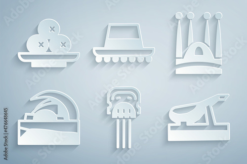Set Peineta, Sagrada Familia, Concert hall de Tenerife, Spanish jamon, hat and Olives plate icon. Vector