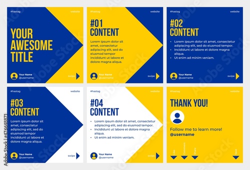 Microblog carousel slides template for instagram. Six pages with blue yellow big arrow theme.