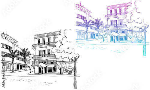 Tel Aviv, romantic urban landscape, bauhaus style. Old street in Tel Aviv, Israel. Colourful and black and white Ink line sketch. Hand drawing. Vector illustration on white background.