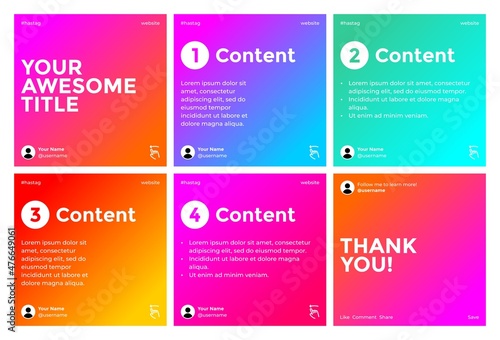 Microblog carousel slides template for instagram. Six pages with modern colors gradient theme.