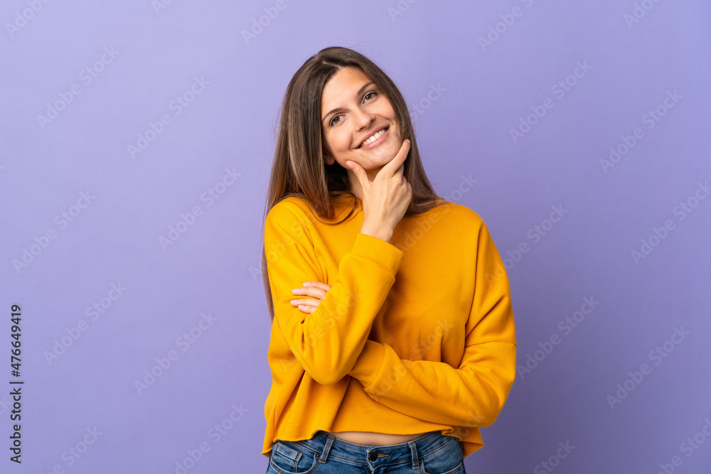 Young Slovak woman isolated on purple background happy and smiling Young Slovak woman isolated on purple background happy and smiling