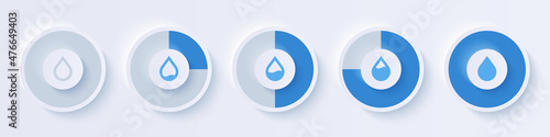 Water meter. Water level indicator. Loading circle with percentage. Gauge concept with blue drop. Animation. UI, User interface. Minimalistic 3d template. Realistic modern design. Vector illustration.