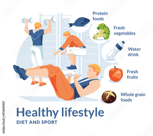Fifferent active ctive fitnes men do exercises in gym club. Healthy sport food benefits infographic. Isolated on white background. Flat vector illustration