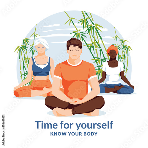 Fifferent people in lotus poses. Meditation, concentration and mind control. Bamboo forest background. Yoga for anyone. Healthy lifestyle. Isolated on round composition. Flat vector illustration