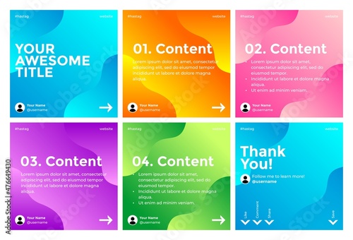 Microblog carousel slides template for instagram. Six pages with colorful fluid and gradient theme.