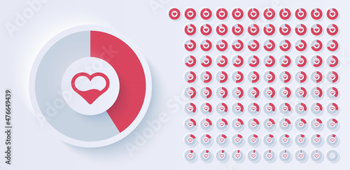 Love meter. Loading indicator. Percentage circle. Love gauge concept with red heart. Satisfaction indicator. UI, User interface. Minimalistic 3d template. Realistic modern design. Vector illustration.