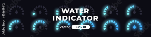 Water meter. Water level indicator. Loading circle with percentage. Gauge concept with blue drop. Animation. UI, User interface. Minimalistic 3d template. Realistic modern design. Vector illustration.
