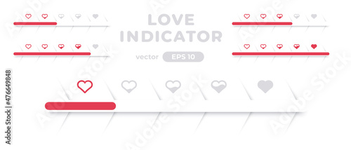 Love meter. Loading indicator. Percentage bar. Love gauge concept with red heart. Satisfaction indicator. UI, User interface. Minimalistic 3d template. Realistic modern design. Vector illustration.