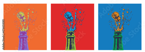 Hand drawn Illustration of Champagne explosion. Vector Illustration. Pop Art. Modern art. artificial art photo