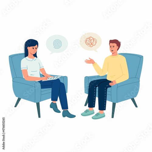 Psychologist doctor consultation. Psychotherapy practice, psychological help, psychiatrist woman consulting patient man. Psychology. Trendy flat cartoon style. Vector illustration on white background