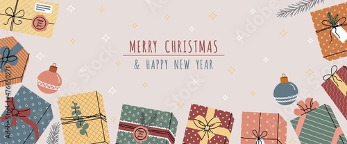 Christmas scandinavian banner with gifts. Xmas banner with Gift boxes, Christmas ball, green pine, stars. Horizontal christmas poster, greeting cards, headers website