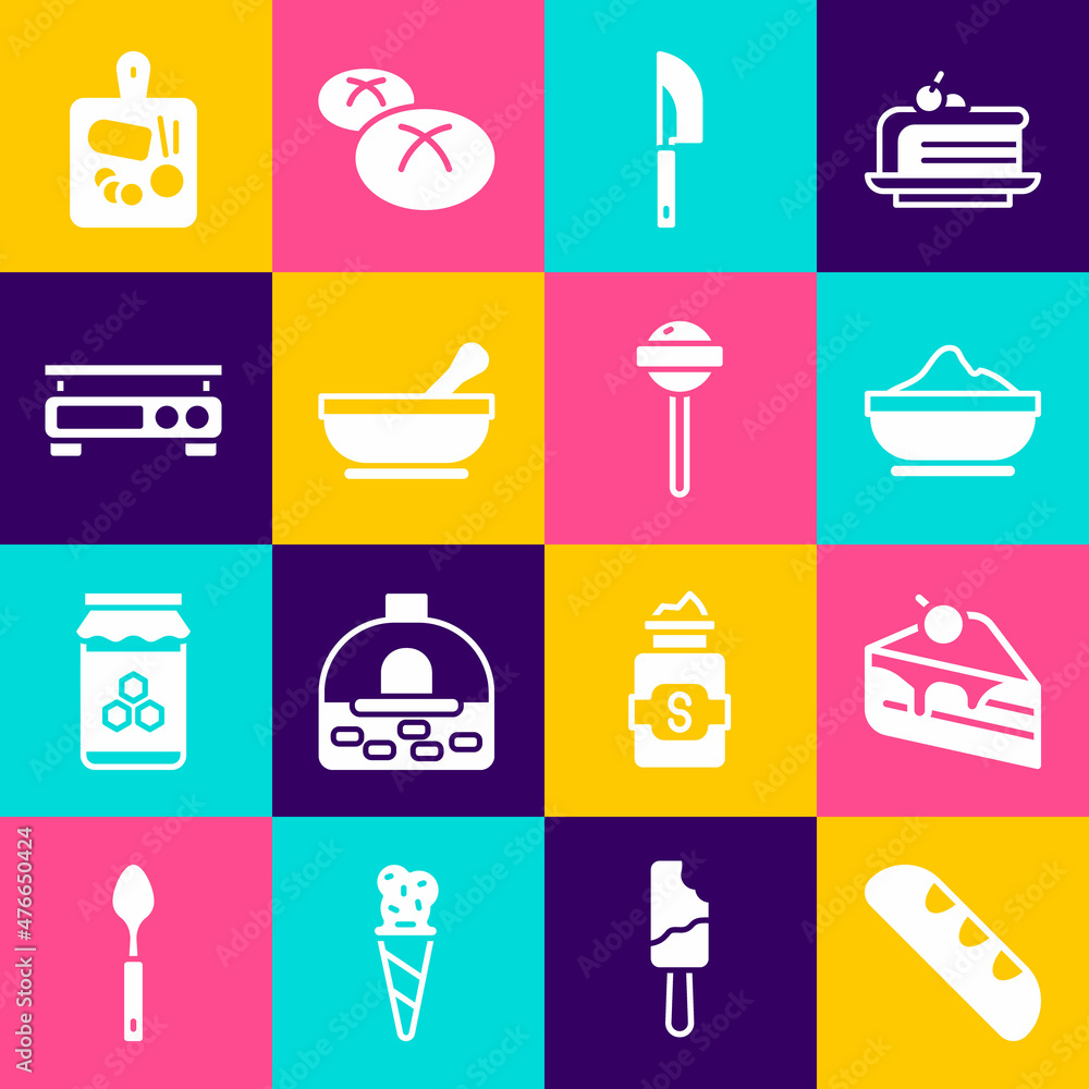 Set French baguette bread, Piece of cake, Flour bowl, Knife, Mortar and pestle, Electronic scales, Cutting board and Lollipop icon. Vector Set French baguette bread, Piece of cake, Flour bowl, Knife, Mortar and pestle, Electronic scales, Cutting board and Lollipop icon. Vector