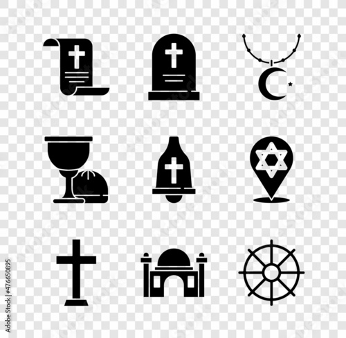 Set Decree, paper, parchment, scroll, Tombstone with cross, Star and crescent chain, Christian, Muslim Mosque, Dharma wheel, Holy grail or chalice and Church bell icon. Vector