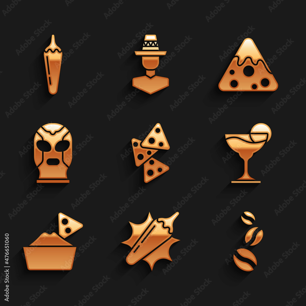 Set Nachos, Hot chili pepper pod, Coffee beans, Margarita cocktail, in bowl, Mexican wrestler, and icon. Vector Set Nachos, Hot chili pepper pod, Coffee beans, Margarita cocktail, in bowl, Mexican wrestler, and icon. Vector