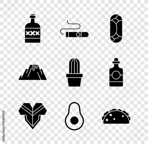 Set Tequila bottle, Cigar, Burrito, Poncho, Avocado fruit, Taco with tortilla, Volcano eruption lava and Cactus succulent in pot icon. Vector