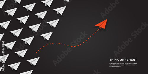 Think differently concept. Red airplane changing direction. Concepts: change, unique, trend, courage, innovation, different.