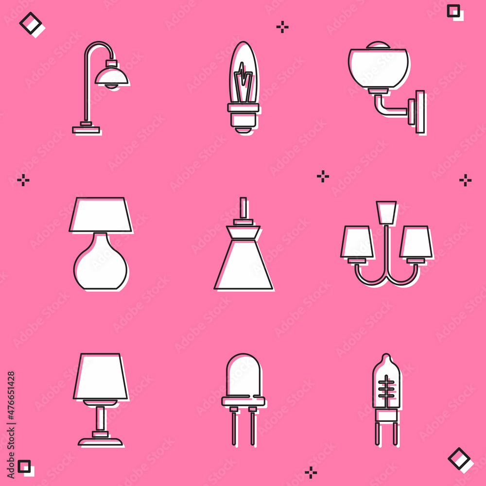 Set Floor lamp, Light bulb, Wall sconce, Table, Lamp hanging, Chandelier, and emitting diode icon. Vector Set Floor lamp, Light bulb, Wall sconce, Table, Lamp hanging, Chandelier, and emitting diode icon. Vector