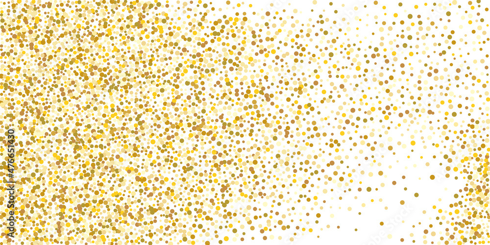 Gold small confetti on a white background. Luxurious festive Christmas background. Gold glittering abstract texture. Design element. Vector illustration, EPS 10.