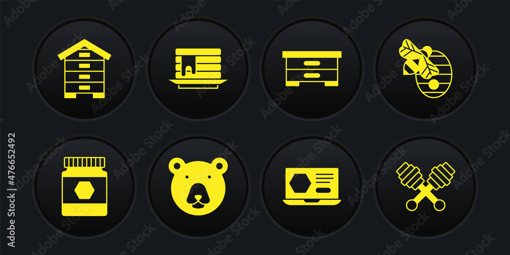 Set Jar of honey, Hive for bees, Bear head, Honey online service, Stack pancakes, dipper stick and icon. Vector Set Jar of honey, Hive for bees, Bear head, Honey online service, Stack pancakes, dipper stick and icon. Vector