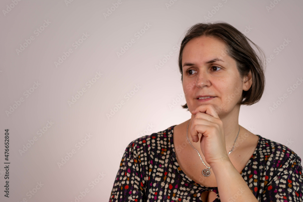 Closeup photo of amazing short hairdo lady looking up empty space deep thinking creative person arm on chin wear casual clothes isolated bright color background. Closeup photo of amazing short hairdo lady looking up empty space deep thinking creative person arm on chin wear casual clothes isolated bright color background.