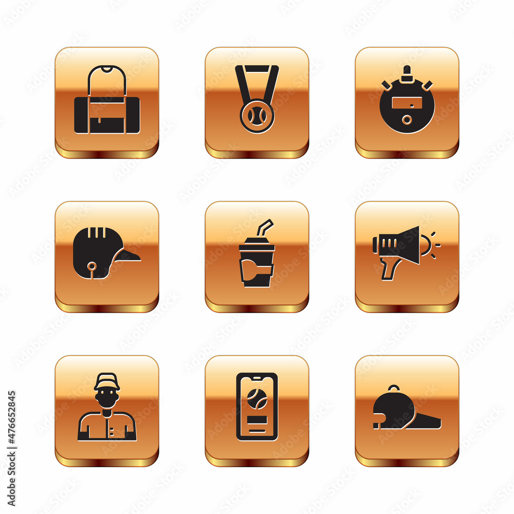 Set Sport bag, Baseball player, Mobile with baseball, Paper glass water, helmet, Stopwatch, cap and Medal icon. Vector Set Sport bag, Baseball player, Mobile with baseball, Paper glass water, helmet, Stopwatch, cap and Medal icon. Vector