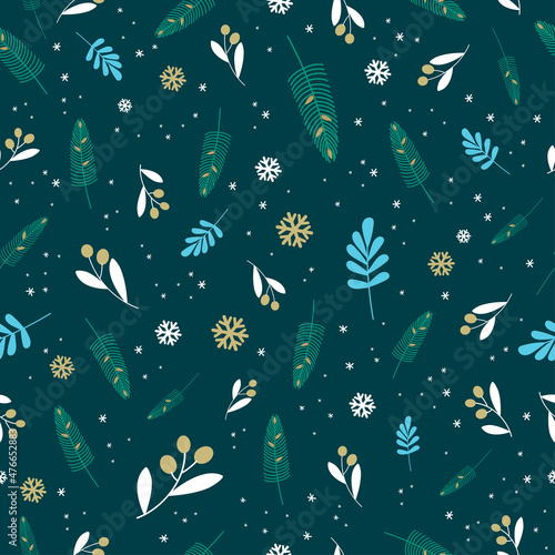 Christmas seamless pattern with fir branches and snowflakes. Winter pattern for wrapping paper with branches, berries and fir trees on a blue background.