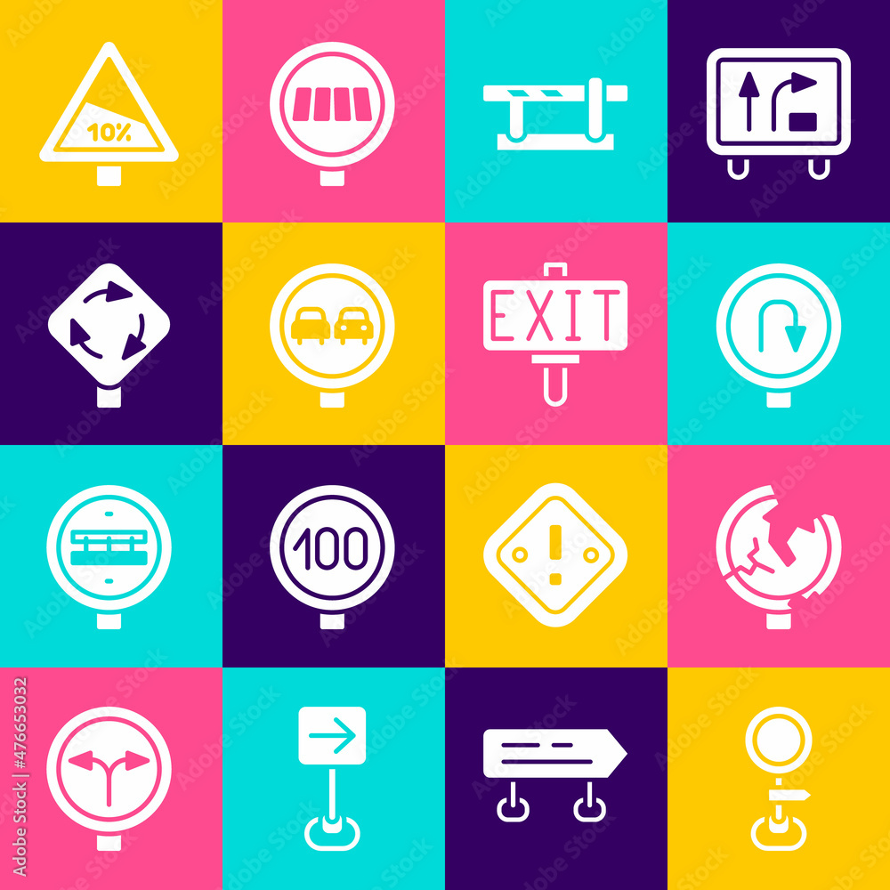 Set Road traffic sign, Turn back road, Parking car barrier, No overtaking, Roundabout, Steep ascent and descent and Fire exit icon. Vector Set Road traffic sign, Turn back road, Parking car barrier, No overtaking, Roundabout, Steep ascent and descent and Fire exit icon. Vector