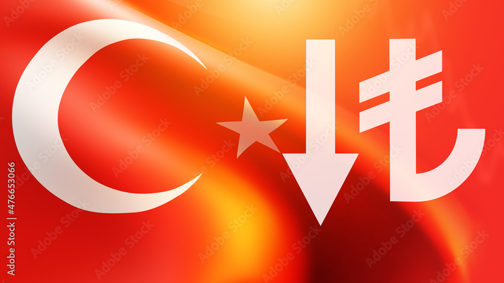 lira down arrow. Devaluation of Turkey currency. Turkish flag with