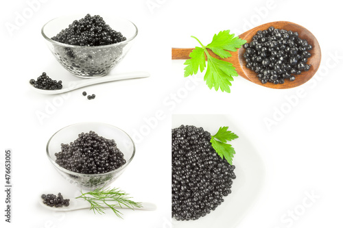 Collection of black fish eggs isolated on white
