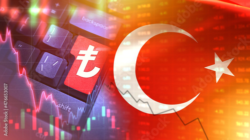 Fototapeta Naklejka Na Ścianę i Meble -  lira collapse. Graph of fall of Turkish currency. Economic problems in Turkey. Keyboard lira logo. Recession of Turkish monetary system. Turkey flag and falling quotes. Financial crisis.
