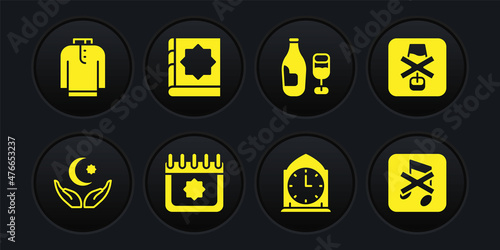 Set Star and crescent, No alcohol, Ramadan calendar, Clock, Wine bottle with glass, Holy book of Koran, Speaker mute and Shirt kurta icon. Vector