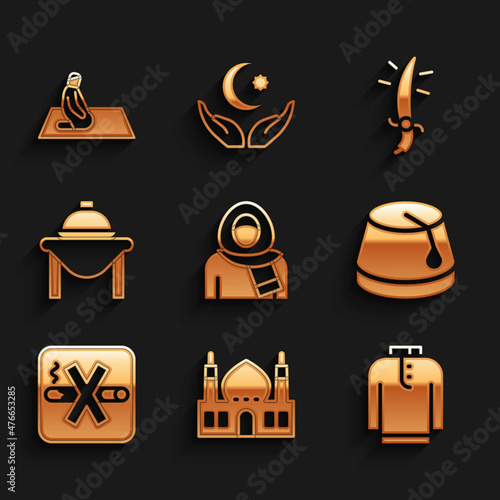 Set Muslim woman in hijab, Mosque, Shirt kurta, Turkish hat, No Smoking, Table food, Arabian saber and prays icon. Vector