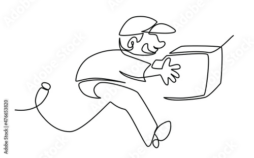the courier runs, delivers the parcel to people. Vector illustration drawn by hand on a white background by one continuous line