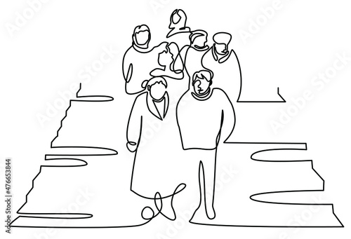 Family, friends, passers-by, men and women walk the stairs. Vector image isolated on white background by one line. Minimalistic contour illustration. A group of people are standing at a concert