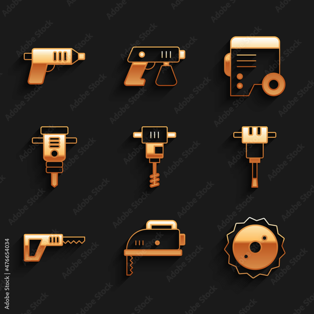 Set Electrical hand concrete mixer, jigsaw, Circular blade, Construction jackhammer, Reciprocating, Power electric generator and cordless screwdriver icon. Vector Set Electrical hand concrete mixer, jigsaw, Circular blade, Construction jackhammer, Reciprocating, Power electric generator and cordless screwdriver icon. Vector