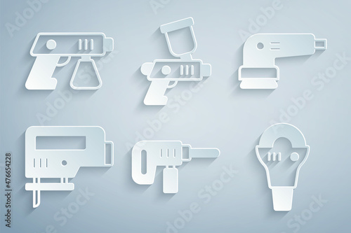 Set Electric drill machine, sander, jigsaw, Angle grinder, Paint spray gun and icon. Vector