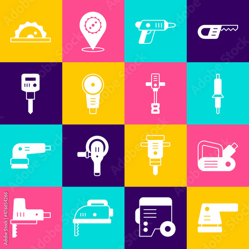 Set Electric sander, planer tool, Soldering iron, cordless screwdriver, Angle grinder, Construction jackhammer, circular saw and Electrical hand concrete mixer icon. Vector