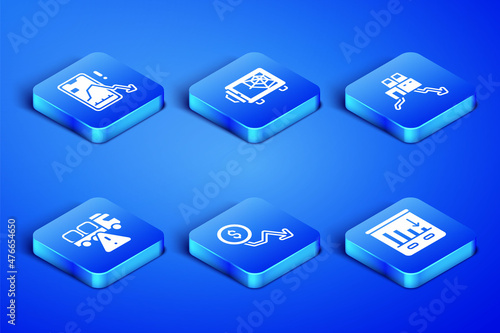 Set Pie chart infographic, Mobile stock trading, Dollar rate decrease, Stop delivery cargo truck, Safe and Shutdown of factory icon. Vector