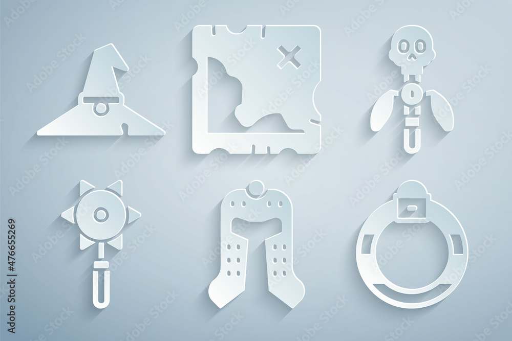 Set Medieval helmet, Magic staff, chained mace ball, stone ring, Pirate treasure map and Witch hat icon. Vector Set Medieval helmet, Magic staff, chained mace ball, stone ring, Pirate treasure map and Witch hat icon. Vector