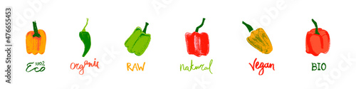 Color bell peppers. Calligraphy hand drawn illustration. Whole pod paprika pepper drawing. Organic vegetable sign. Vegan food symbols. Healthy eat icons. Vegetarian doodles for eco market, bio product