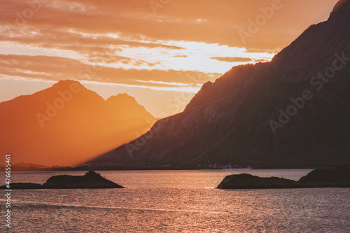 Fototapeta Naklejka Na Ścianę i Meble -  Lofoten islands sunset landscape in Norway scandinavian nature sea and mountains beautiful travel destinations evening scenic view