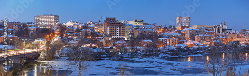 Vinnytsia, Ukraine. Night winter city view from the river Southern Bug in the city of Vinnitsa to the central part in winter time. City center view