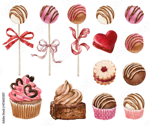 Watercolor Valentines Day sweets. Pink cupcake,cake pops,Pink sweets,heart cookie,chocolate candy.