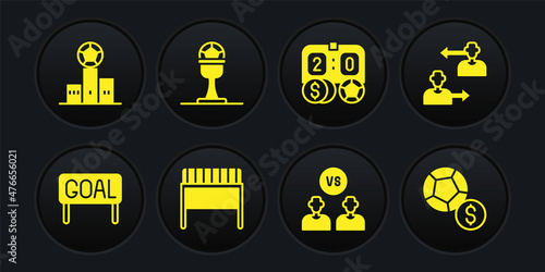 Set Goal soccer football, Substitution player, Football goal, or, betting money, Award cup and, Soccer and over sports winner podium icon. Vector