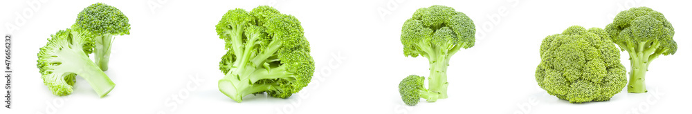 Collection of fresh head of broccoli on a white background