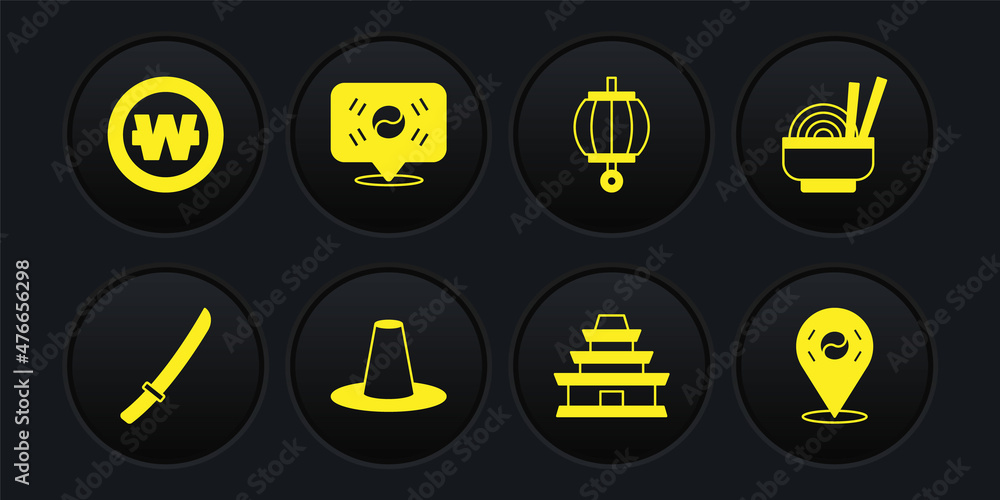 Set Katana, Asian noodles in bowl, Korean hat, temple, lantern, Location South, and won coin icon. Vector Set Katana, Asian noodles in bowl, Korean hat, temple, lantern, Location South, and won coin icon. Vector
