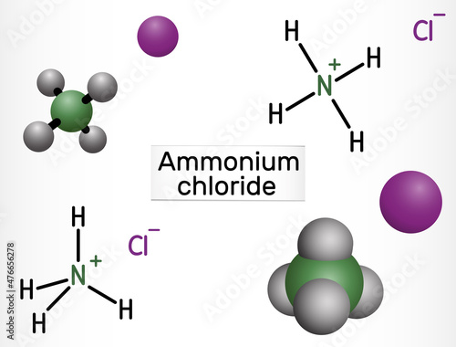 Ammonium chloride, NH4Cl molecule. It is inorganic compound, food supplement E510, used as fertilizer and a flavouring agent. Structural chemical formula and molecule model.